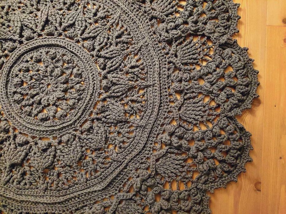tapete-mandala crochet-relevo trapilho algodão cinzento-azul 1,65m