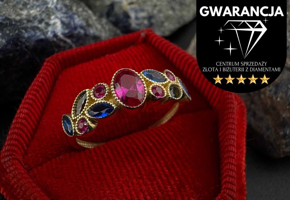 Złoty Pierścionek z kolorowymi cyrkoniami NOWY  585  3.08g   (J)