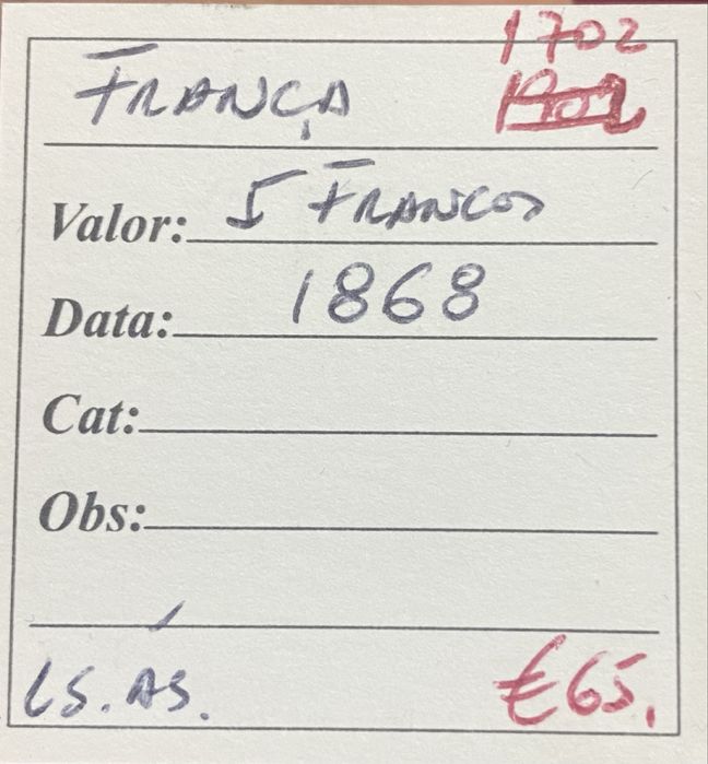 Moeda 1702 - Franca 5 Francos 1868 Prata
