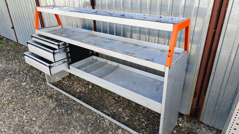 Zabudowa warsztatowa do busa szafki regały falbanek szuflady