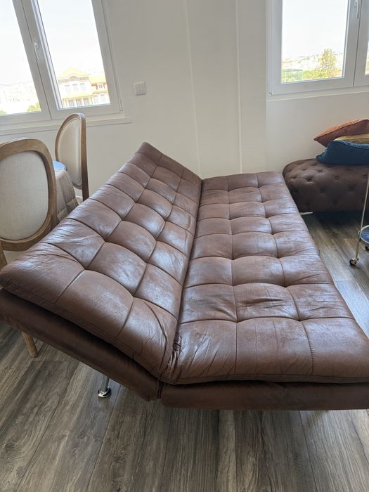Sofá-Cama de 3 Lugares em Pele Sintética Castanha (Estilo Vintage)