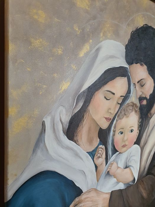 Duży ręcznie malowany obraz Świętej Rodziny, 80x100 cm, obraz na płótnie, prezent na ślub