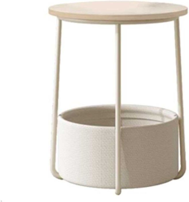 Okrągły stolik boczny z koszem z tkaniny kremowy