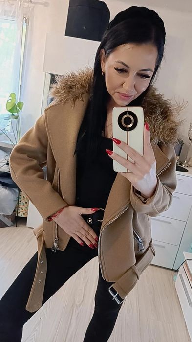 Kurtka biker motocyklowa Wełna H&M Hit L beż camel