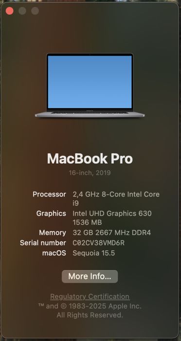 MacBook Pro 16", i9 9th Gen. 32GB RAM, AMD RADEON PRO 5500M