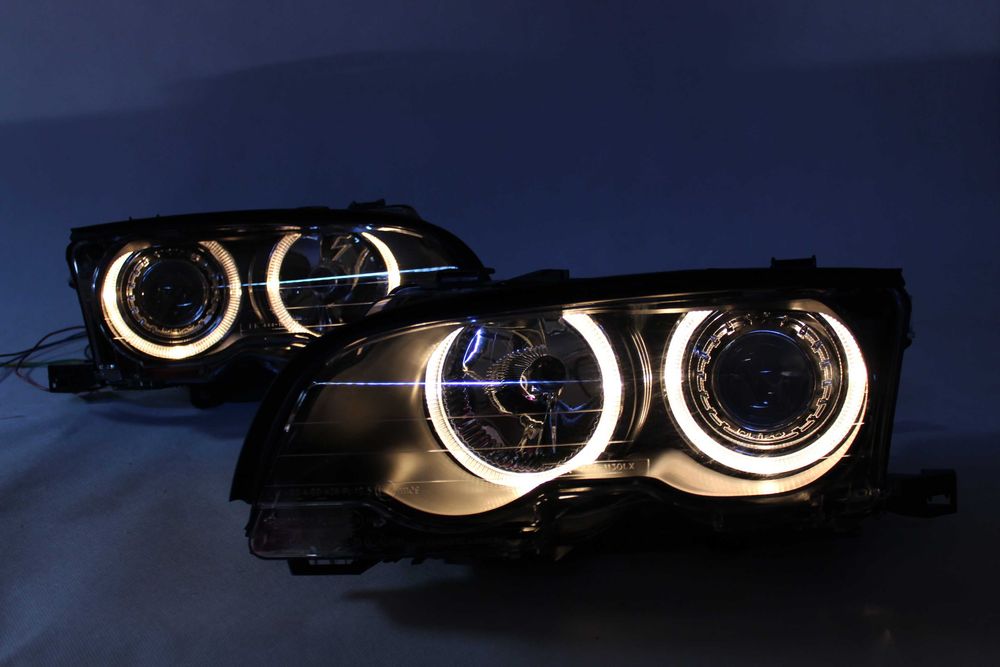 Reflektory lampy przednie przód BMW E46 COUPE 99-03 RINGI LED TUNING SMOKE IGŁA