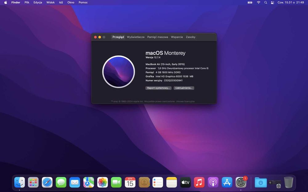 Macbook Air 2015 A1466, Core i5, 4GB DDR3, 128 GB HDD, Monterey