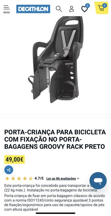 Cadeira de bicicleta para transportar bebe/criança até 22kg