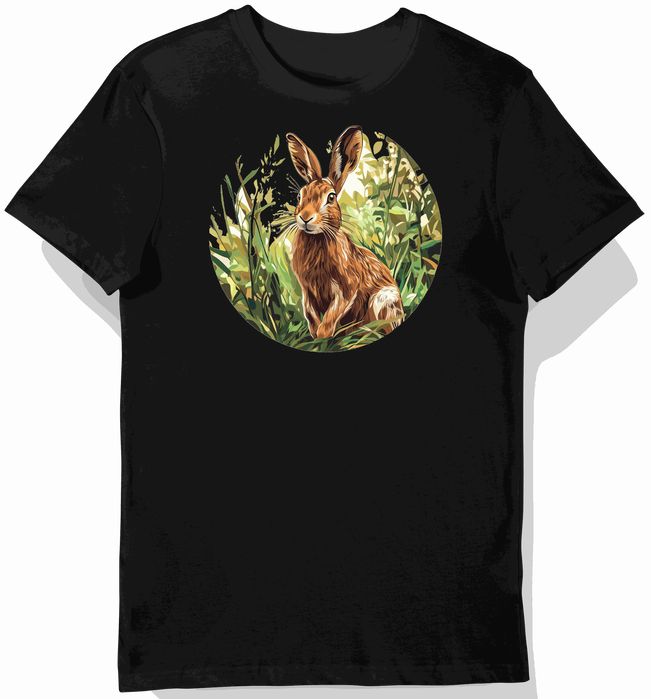 Koszulka męska czarna z nadrukiem brązowego zająca w lesie XXL