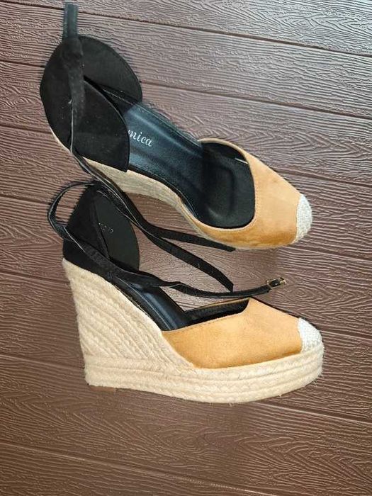 Buty damskie sandały na koturnie beżowo czarne espadryle rozmiar 40