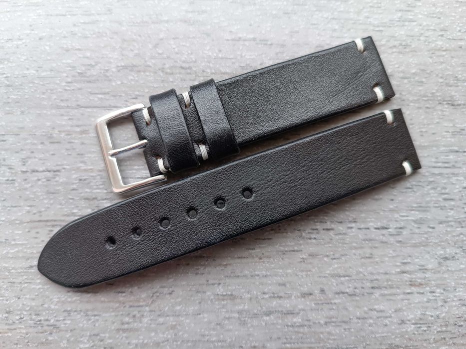 Czarny skórzany pasek zegarka 20 mm M białe nici