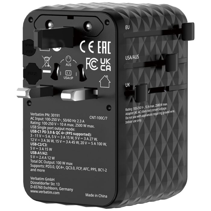 Verbatim Adapter podróżny EU/UK/US GaN 2xUSB-C/2xUSB-A/1xUSB-C PD 100W czarny 30191