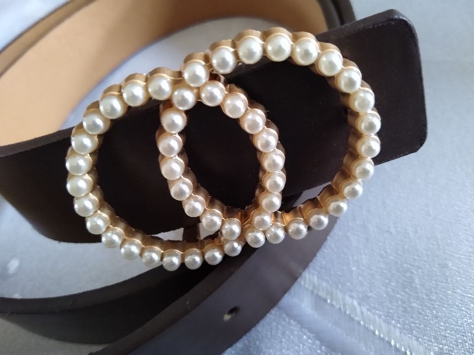 Skórzany pasek Klamra z pereł cudo 105cmX3cm