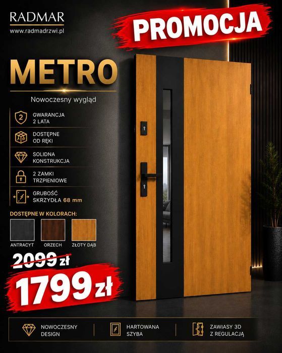Drzwi zewnętrzne 80 90 model METRO 68mm Złoty Dąb