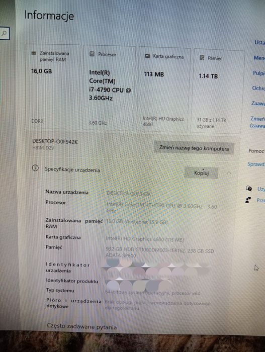 Komputer stacjonarny ( kompletny) monitor Windows 10,  1000GB