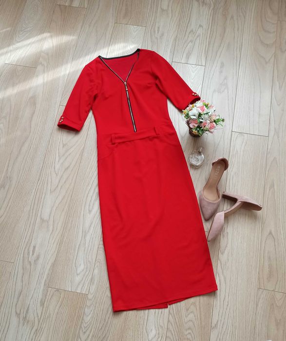Червона сукня футляр нижче коліна, красное платье, XS