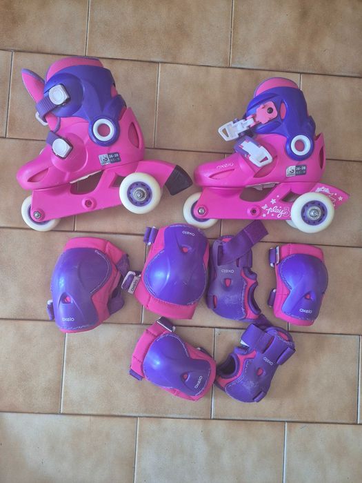 Patins Oxelo Play 3 (Tam. 26-28) + Kit de Proteções Oxelo (2XS) – Em excelente estado!