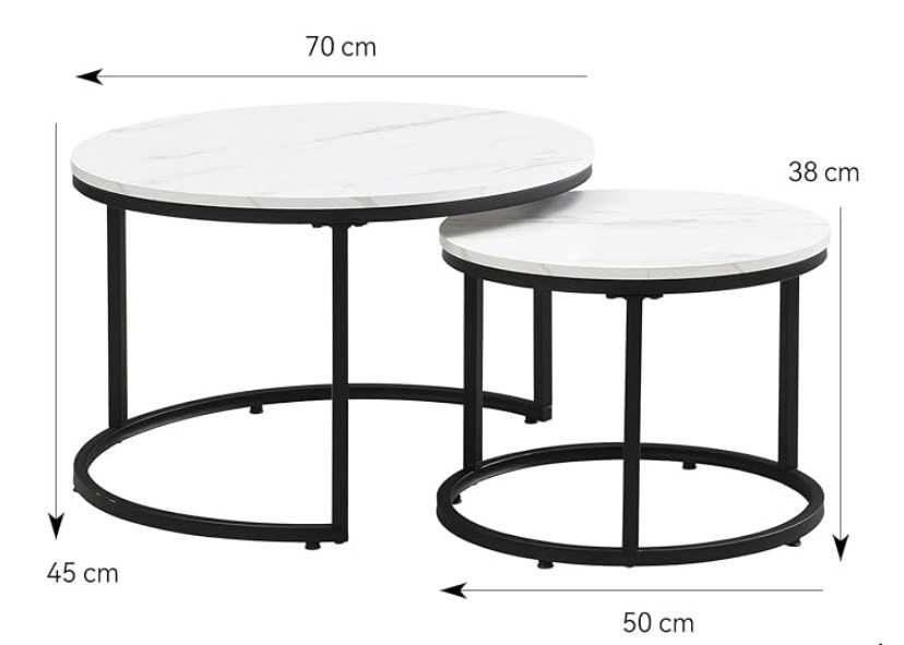 Stolik kawowy 2 szt komplet okrągłe biały marmur czarne nogi NOWY