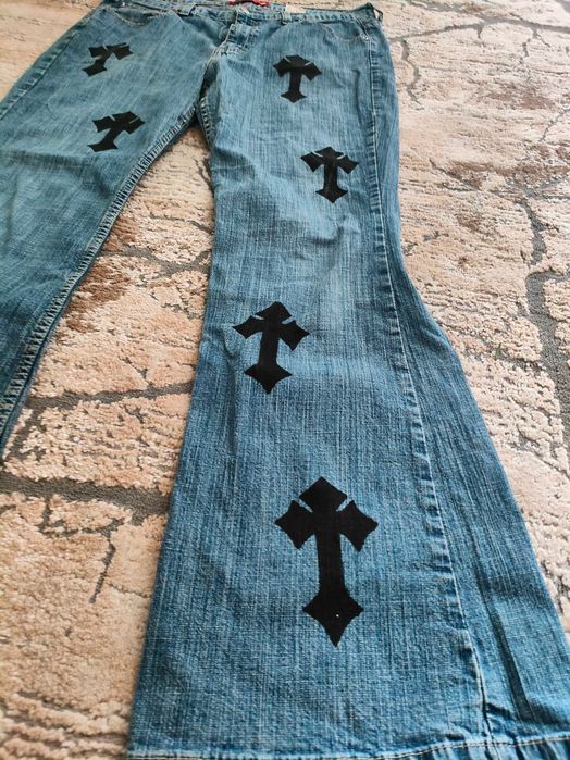 Spodnie jeansy dzwony z krzyżami Y2K ala chrome hearts