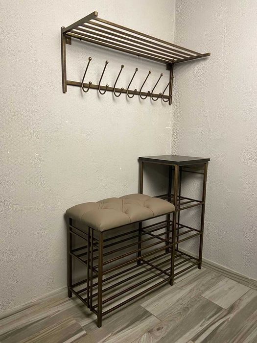 Полка для взуття, банкетка кована з мягким сидінням, вішак