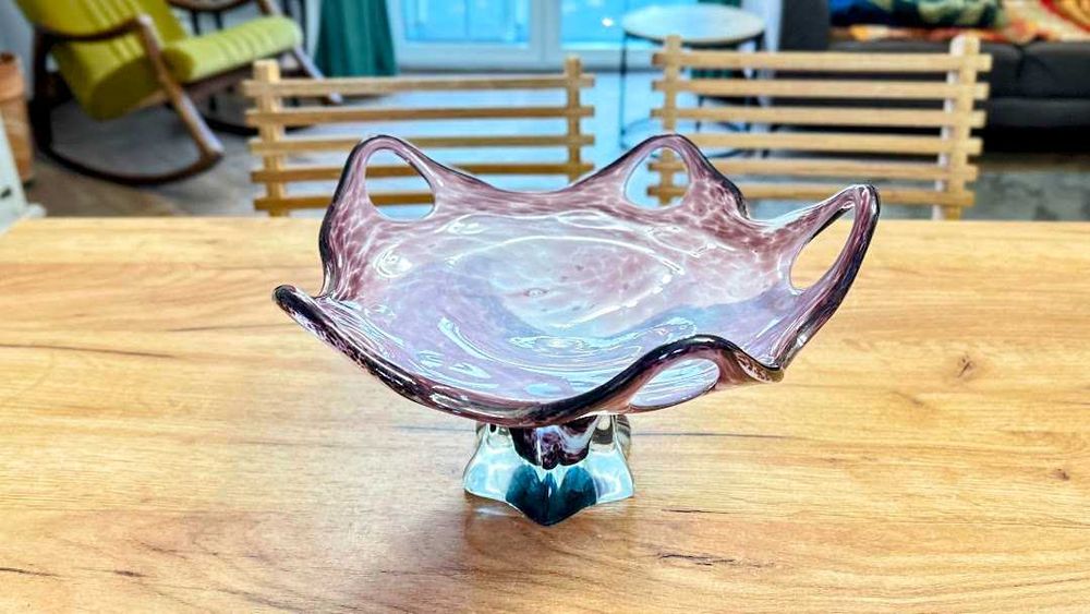 Patera misa na stopce 28cm szkło czeskie PRL Vintage styl Murano