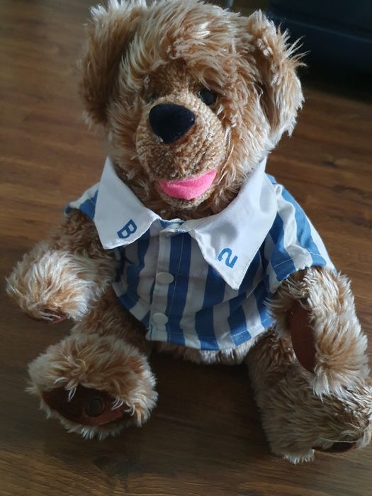 Duży miś niedźwiedź w niebiesko białej koszuli pluszak maskotka