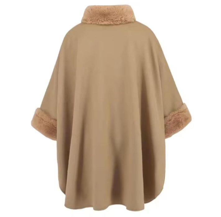 Ponczo/narzuta beżowa ze sztucznym futerkiem