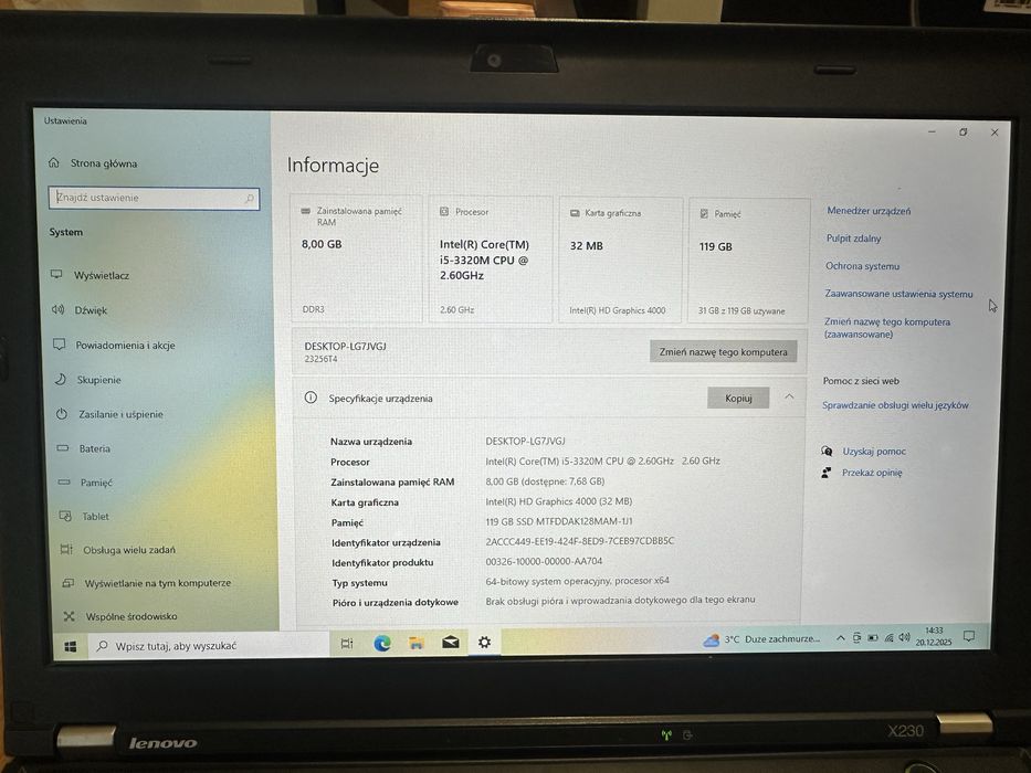 Lenovo ThinkPad X230 i5 / 8GB RAM / SSD 120GB
