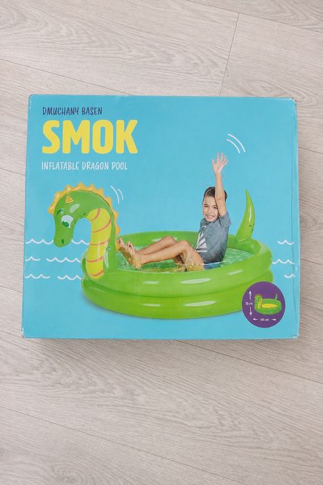 Dmuchany basen smok dla dzieci 145 x 80 cm zielony dragon pool ogrodowy letni brodzik z głową smoka do zabawy na taras balkon ogród wakacje lato.