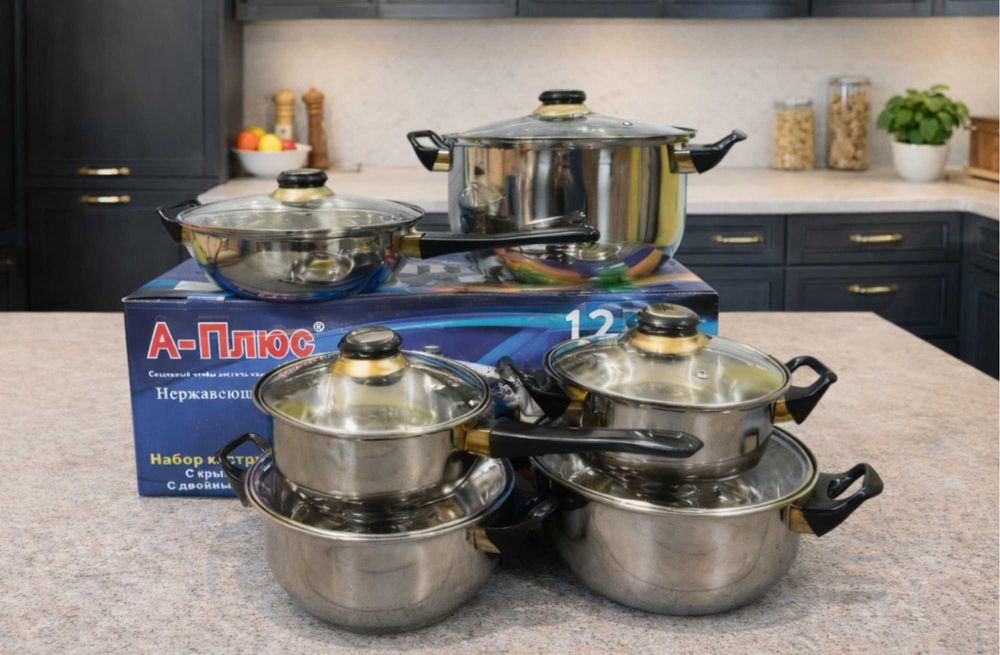 Набор кастрюль новый Набір каструль з нержавіючої сталі - 12 предметів