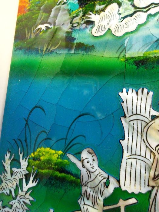 2 quadros asiáticos vintage lacadas com embutidos em madre perola