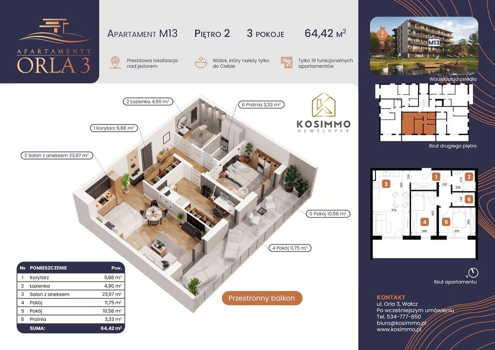 M13 APARTAMENTY Orla 3, 2piętr, 65 m2, 3 pok, Centrum,Widok na jezioro
