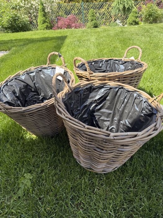Trzy 3 kosze rattan ratanowe plecione srednica 39 wysokosc 30 na kwiaty folia
