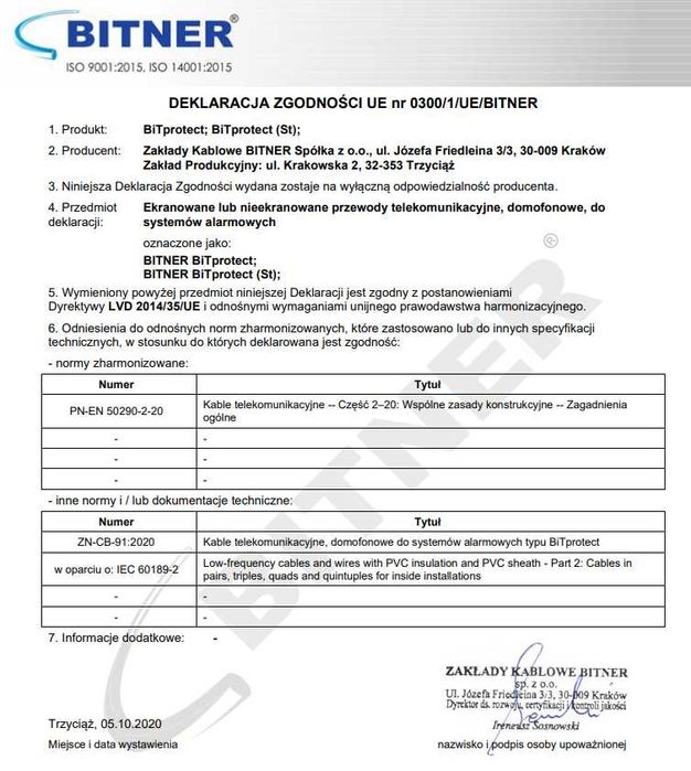 Przewód BITNER 3x2,5 3x1,5 4x1,5 5x1,5 5x2,5 Kabel 5x4 5x6 YKY 5X16