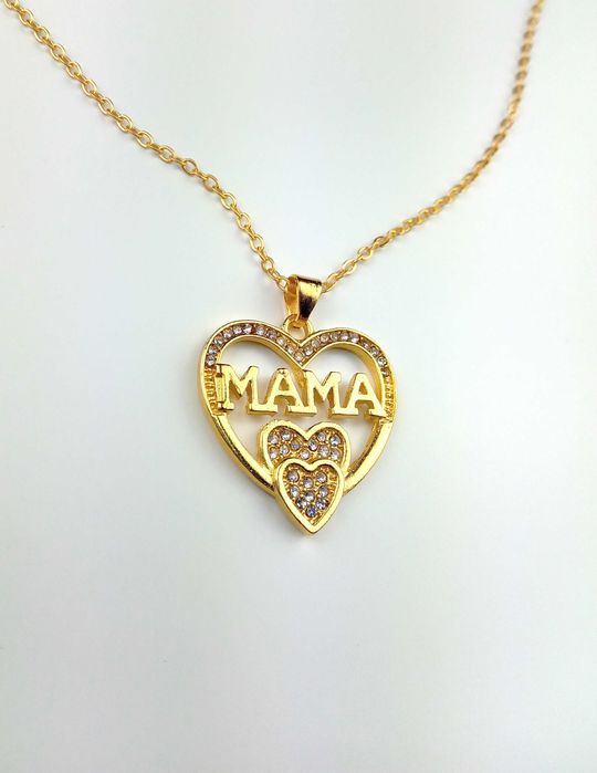 Nowy złoty naszyjnik zawieszką w kształcie serca i cyrkoniami MAMA
