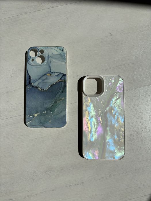 Case etui iPhone 14 biały perłowy i niebieski marmurowy