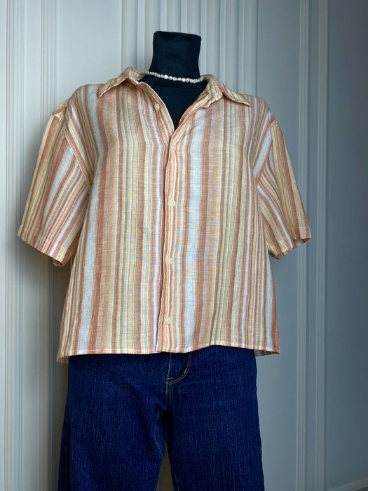 Koszula krótka beżowa w paski 40 L Calvin Klein len lyocell na wiosne