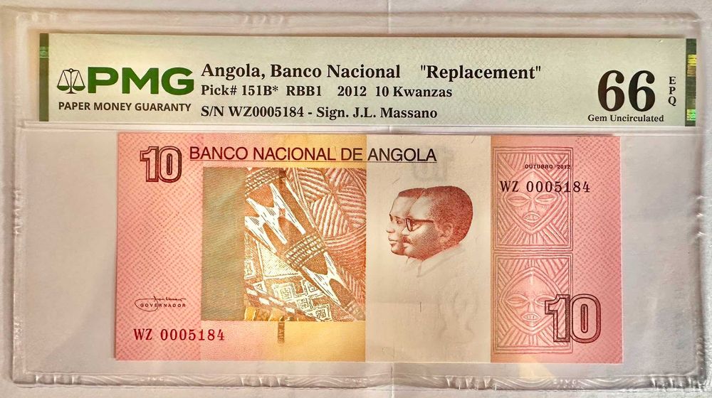 Nota de Angola – 10 Kwanzas 2012 – Pick# 151b "Replacement" (PMG 66 EPQ Gem Unc)