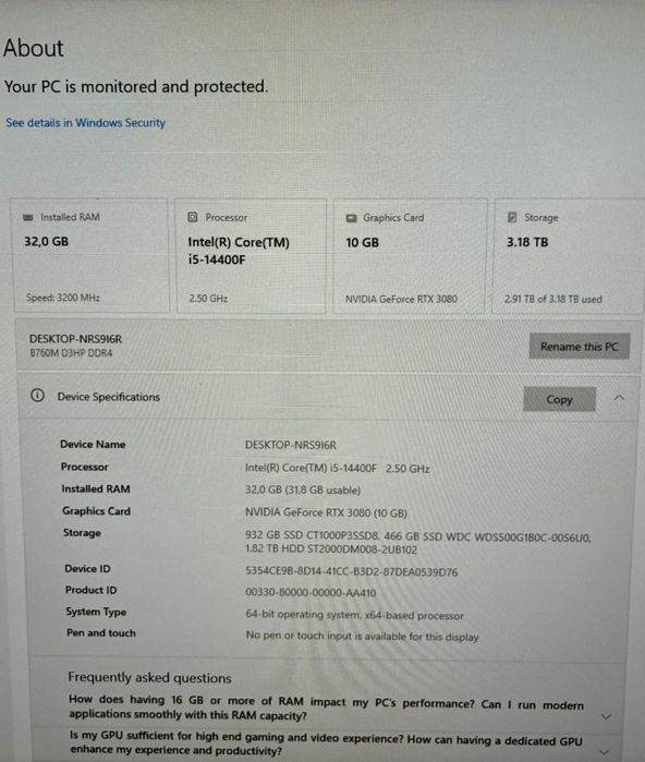 PC Gamer Intel i5-14400F + RTX 3080 10GB | 32GB RAM | 3.18TB Armazenamento