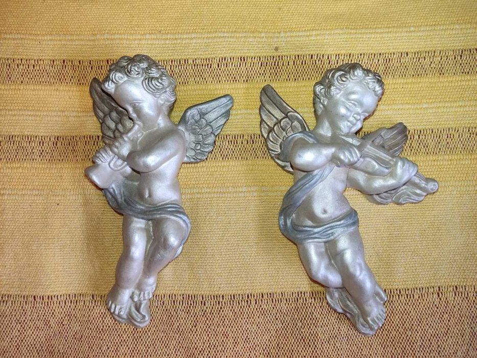 Par de anjos pendurar artesanais gesso pintados à mão