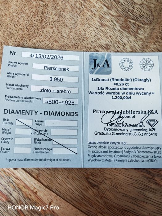 Pierścionek, złoto, srebro, diamenty, granat.