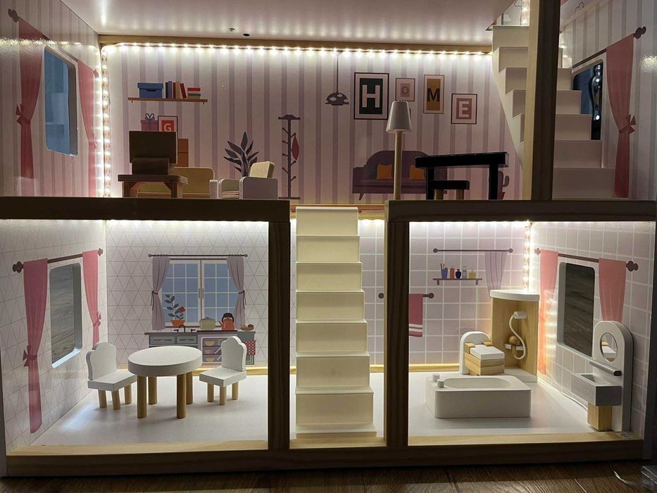 NOWY DUŻY Domek dla lalek drewniany + mebelki 78cm oświetlenie LED