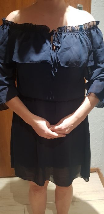 Sukienka granat ramiona gumka elegancka zwiewna