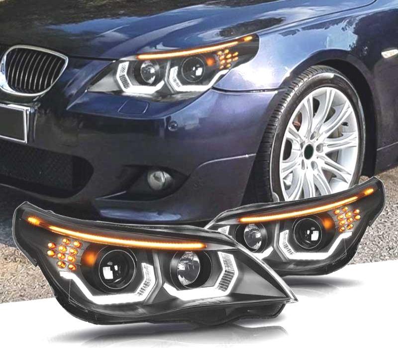 FARÓIS BMW E60 E61 03-07 ANGEL EYES LED U HALO FUNDO PRETO