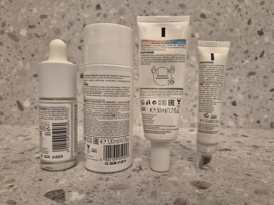 Bielenda seria glaze & glow - mleczko / krem do twarzy / serum / krem pod oczy