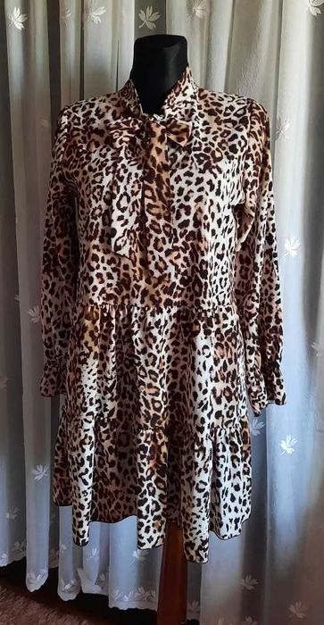 Piękna nowa w panterkę leopard sukienka wiązana brąz camel beż M M/L