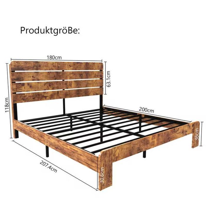 Estrutura de cama de casal efeito madeira e mesa de cabeceira