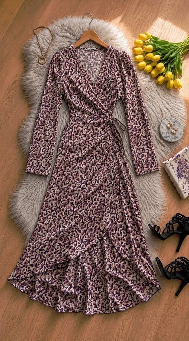 Efektowna sukienka kopertowa MIDI w kwiaty boho. Elegancja & Styl