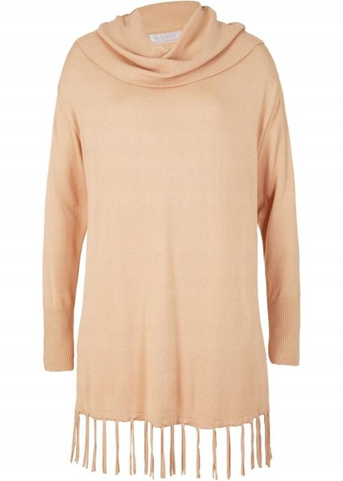 B.P.C beżowy sweter z szerokim golfem i frędzlami ^36/38