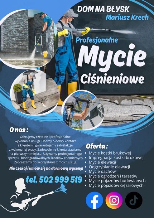 Mycie ciśnieniowe kostki, elewacji i dachów, ścinka drzew, krzewów.
